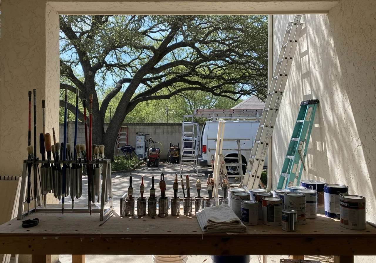 Professional painting crew with tools and equipment ready for a residential job site.
