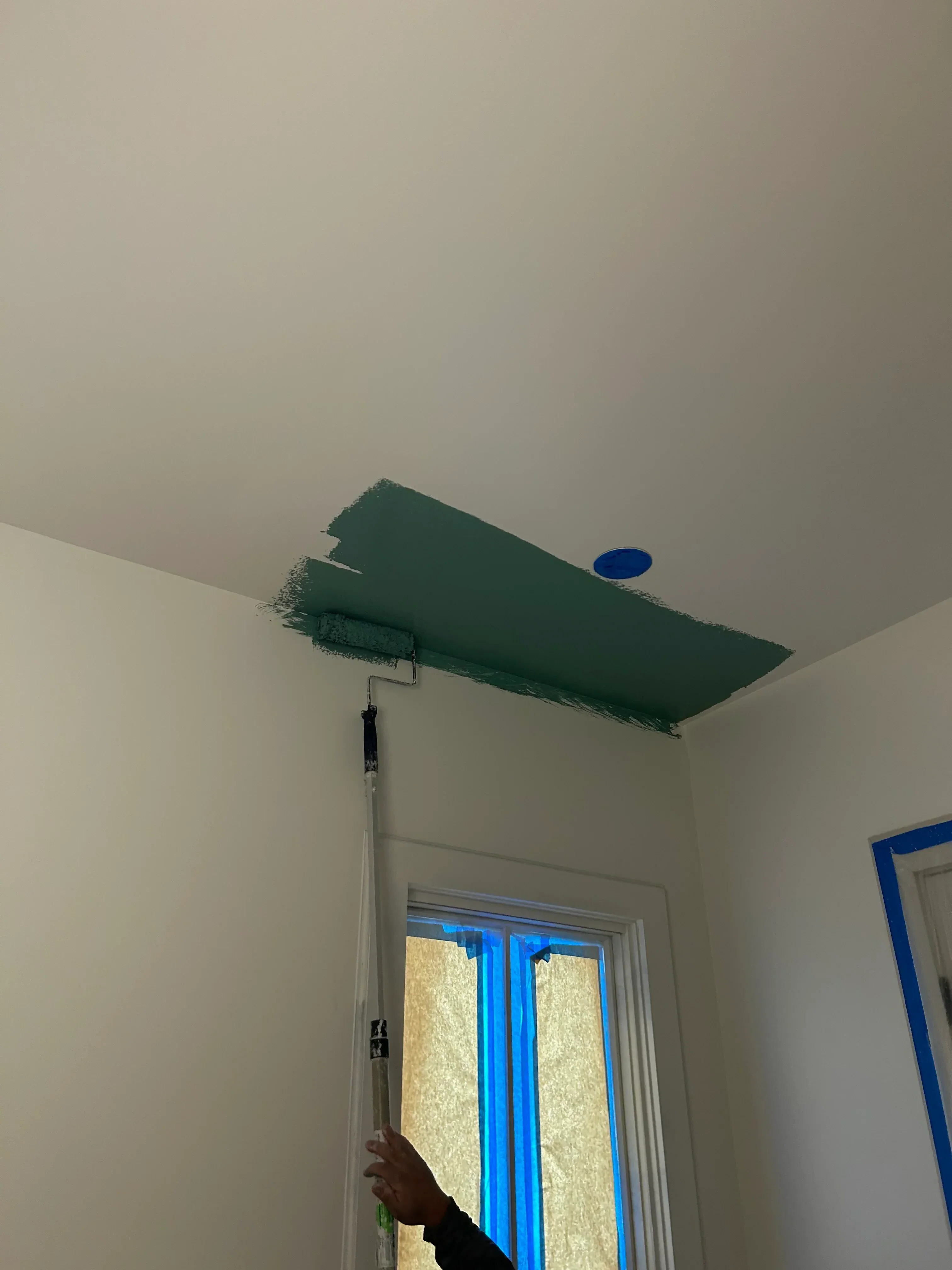 Dark green paint application on interior wall with roller, white ceiling and trim visible