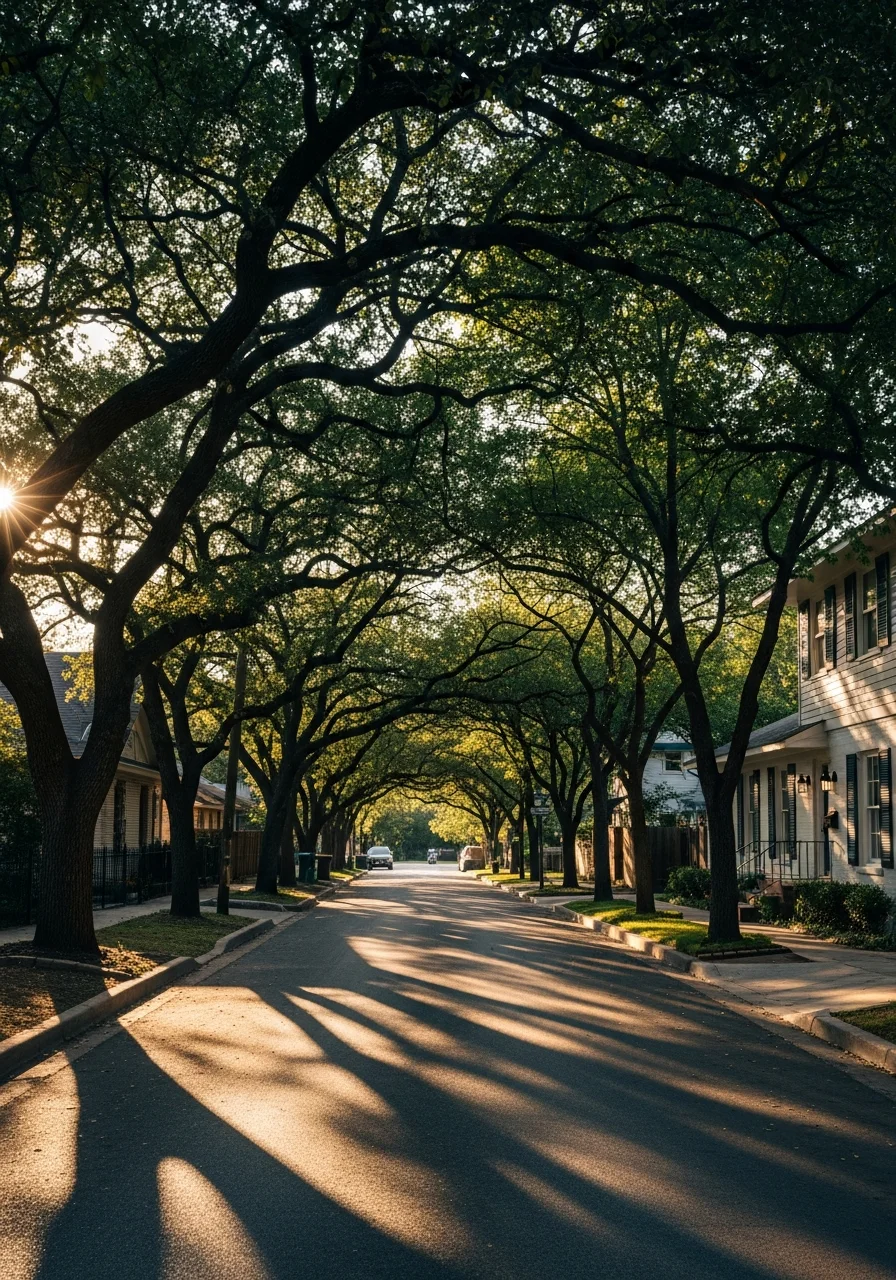 Historic Austin neighborhood street lined with mature trees and well-maintained homes