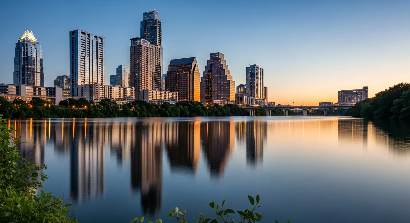 Austin skyline with downtown buildings and Lady Bird Lake reflecting city lights at dusk