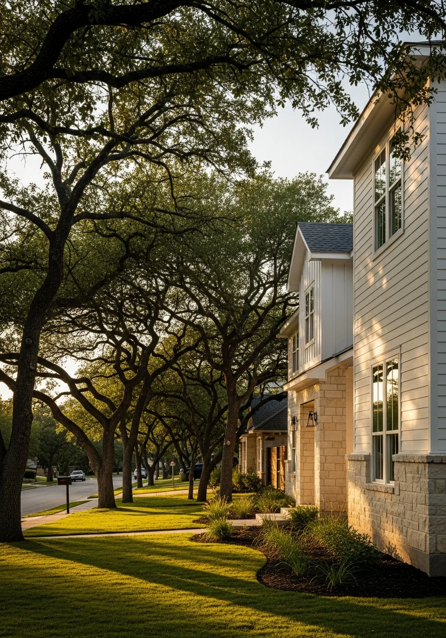 West Lake residential street lined with newer homes and mature trees in established neighborhood setting.