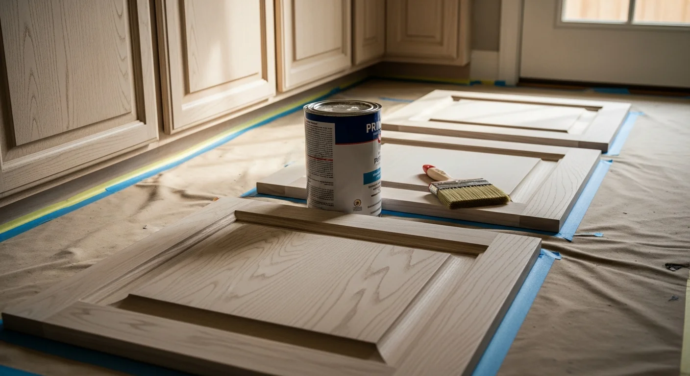 Freshly painted white kitchen cabinets with smooth, spray-applied finish in a West Lake Hills home. Cabinet doors are reinstalled and hardware is in place after professional refinishing by M+M Paint.
