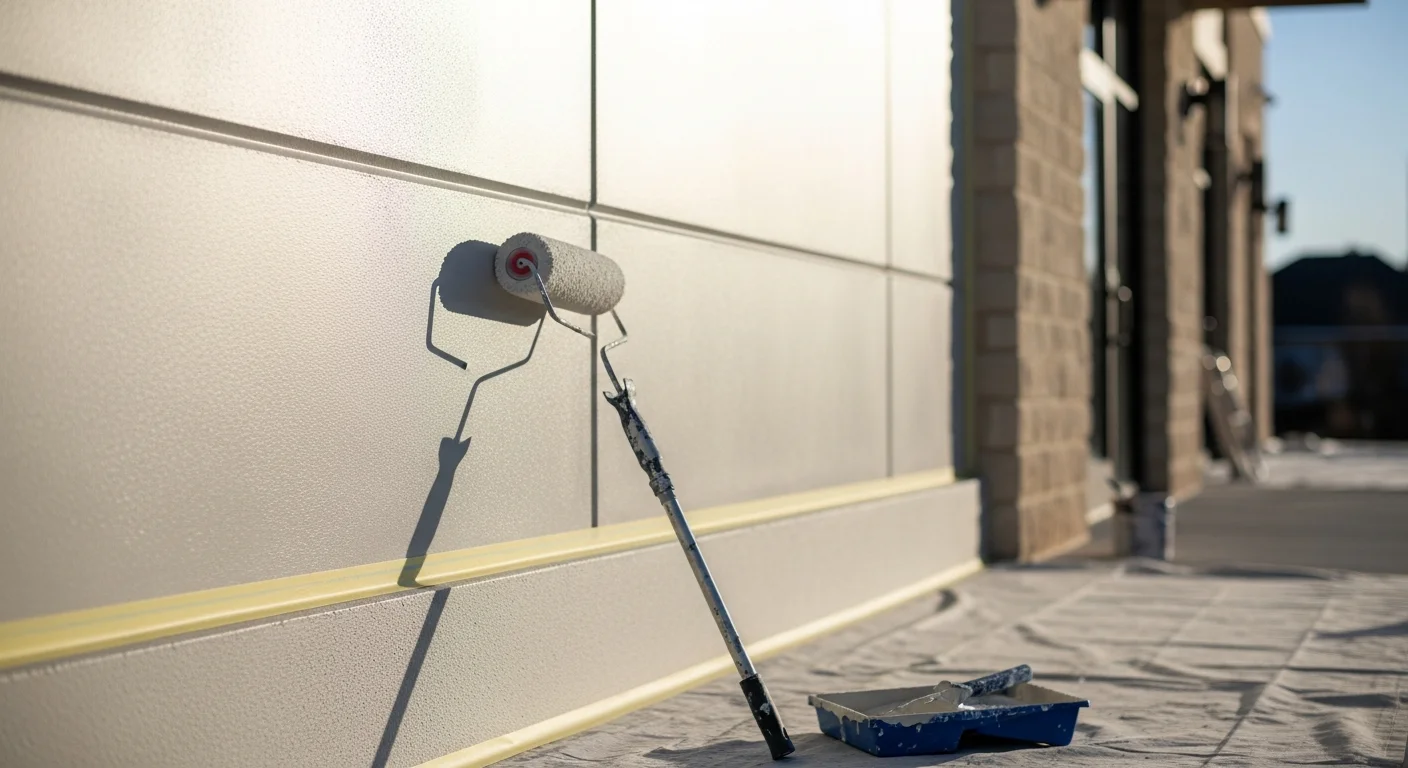 A freshly painted commercial building exterior in West Lake with clean trim lines and a uniform finish coat on the facade. A painter on a ladder applies a second coat to a large stucco wall surface on a West Lake retail property.