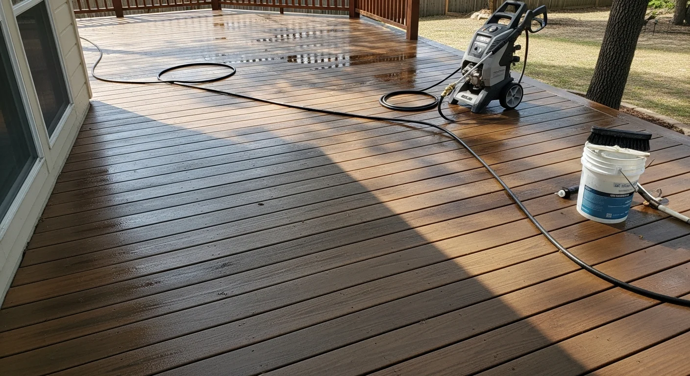 A West Lake residential wood deck after professional pressure washing, showing clean, brightened boards free of mold and mildew staining. A connected concrete patio area is also visible, with uniform color restored across the surface.