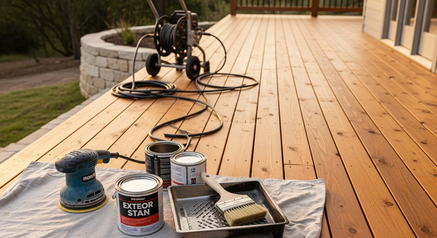 A freshly stained wood deck attached to a residential home in West Lake Hills, TX, with an even, rich finish showing clean edges and no peeling. A concrete patio area adjacent to the deck shows a smooth, solid-color paint application in a shaded outdoor setting.