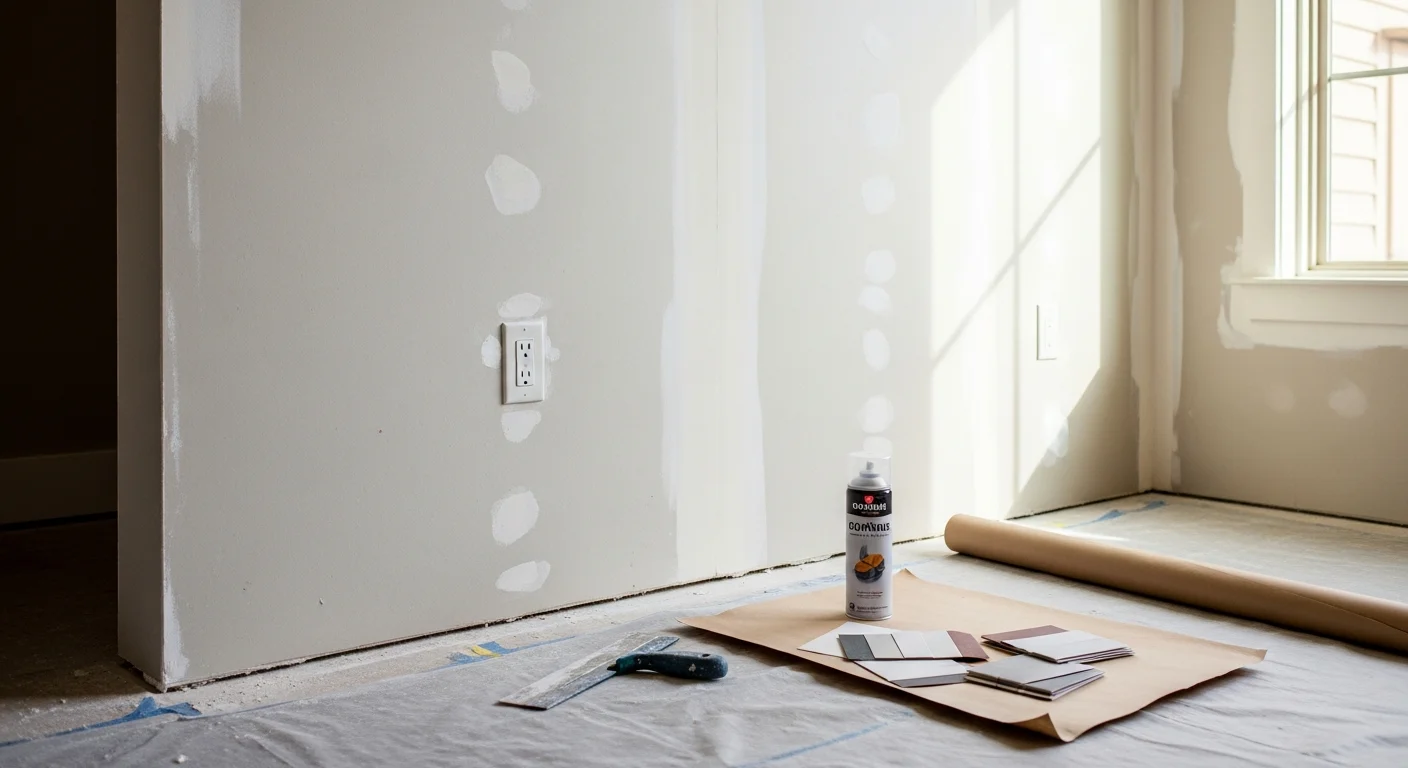 A repaired interior wall in a West Lake Hills home showing a seamless texture match between the patched section and the surrounding original drywall surface. The finish is even and paint-ready under natural light from a nearby window.