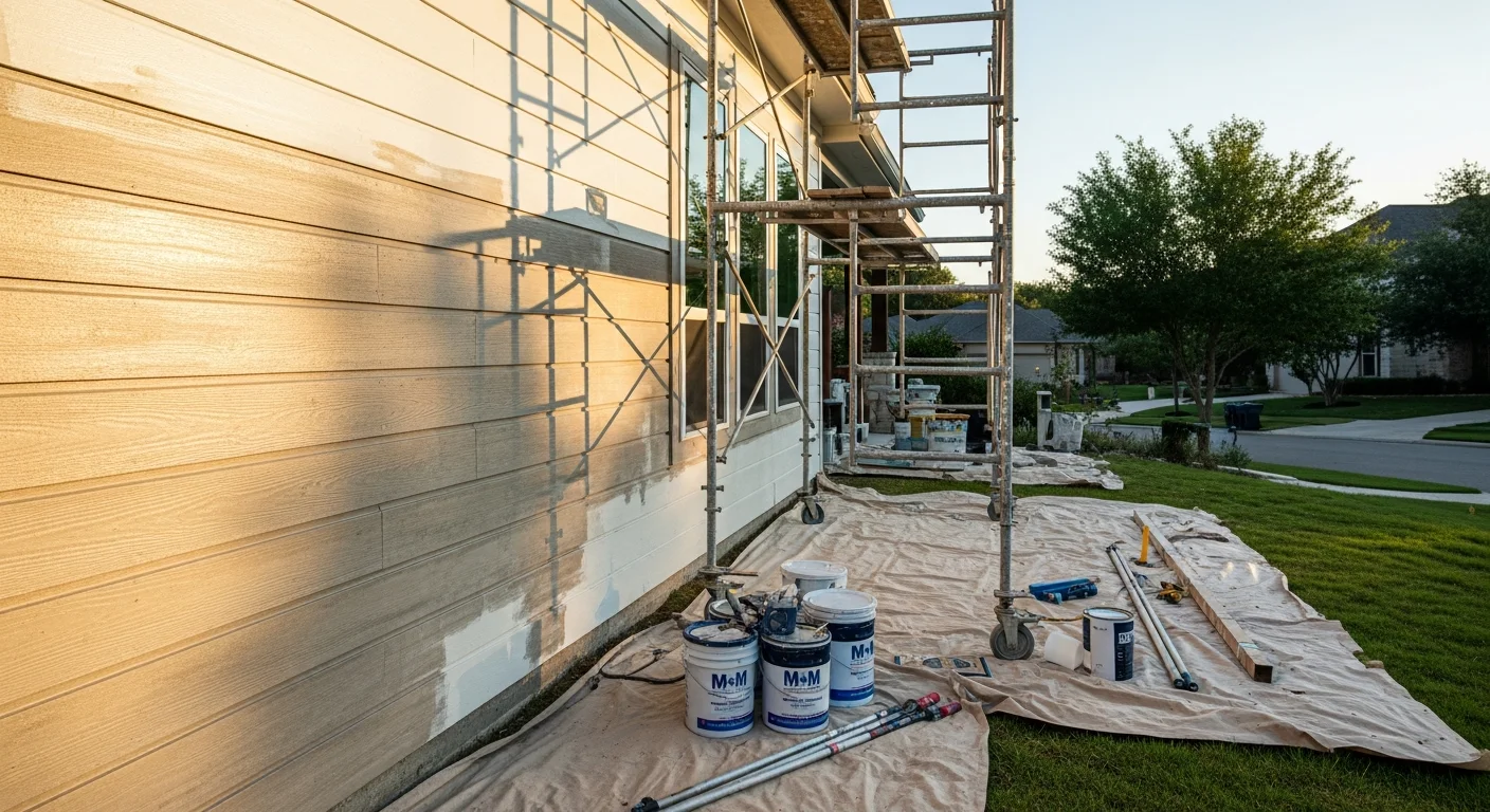 A freshly painted single-family home exterior in West Lake showing clean siding, bright trim, and painted shutters. The finished surface shows even coverage with no visible peeling or lap marks.