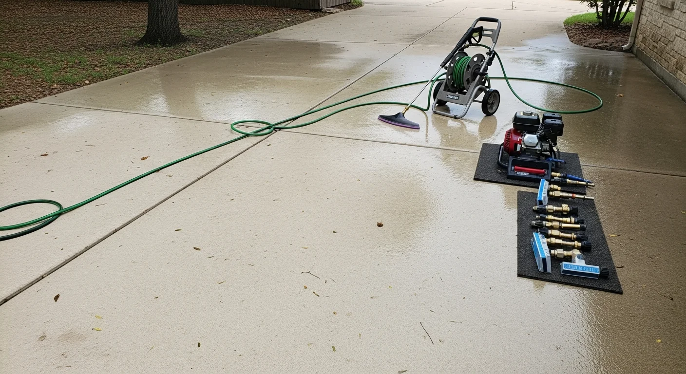 A West Lake home's siding and concrete driveway after professional pressure washing by M+M Paint, showing clean surfaces free of mold streaks and organic staining. The exterior surfaces appear restored and ready for repainting or seasonal maintenance.