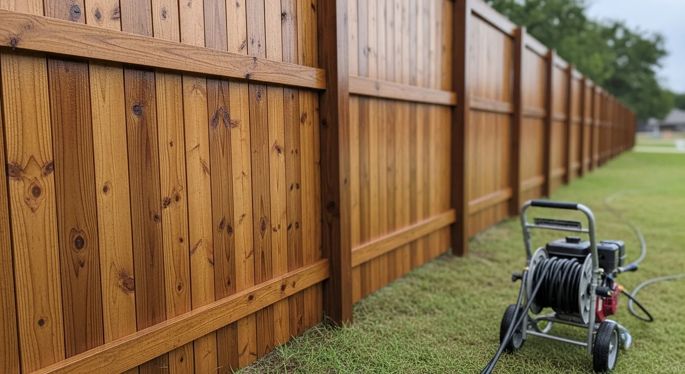A pressure washer removing green algae and dark mildew stains from a wood privacy fence at a residential property in West Lake, Ohio. The cleaned section shows restored natural wood color contrasted against the uncleaned surface still showing gray and green discoloration.