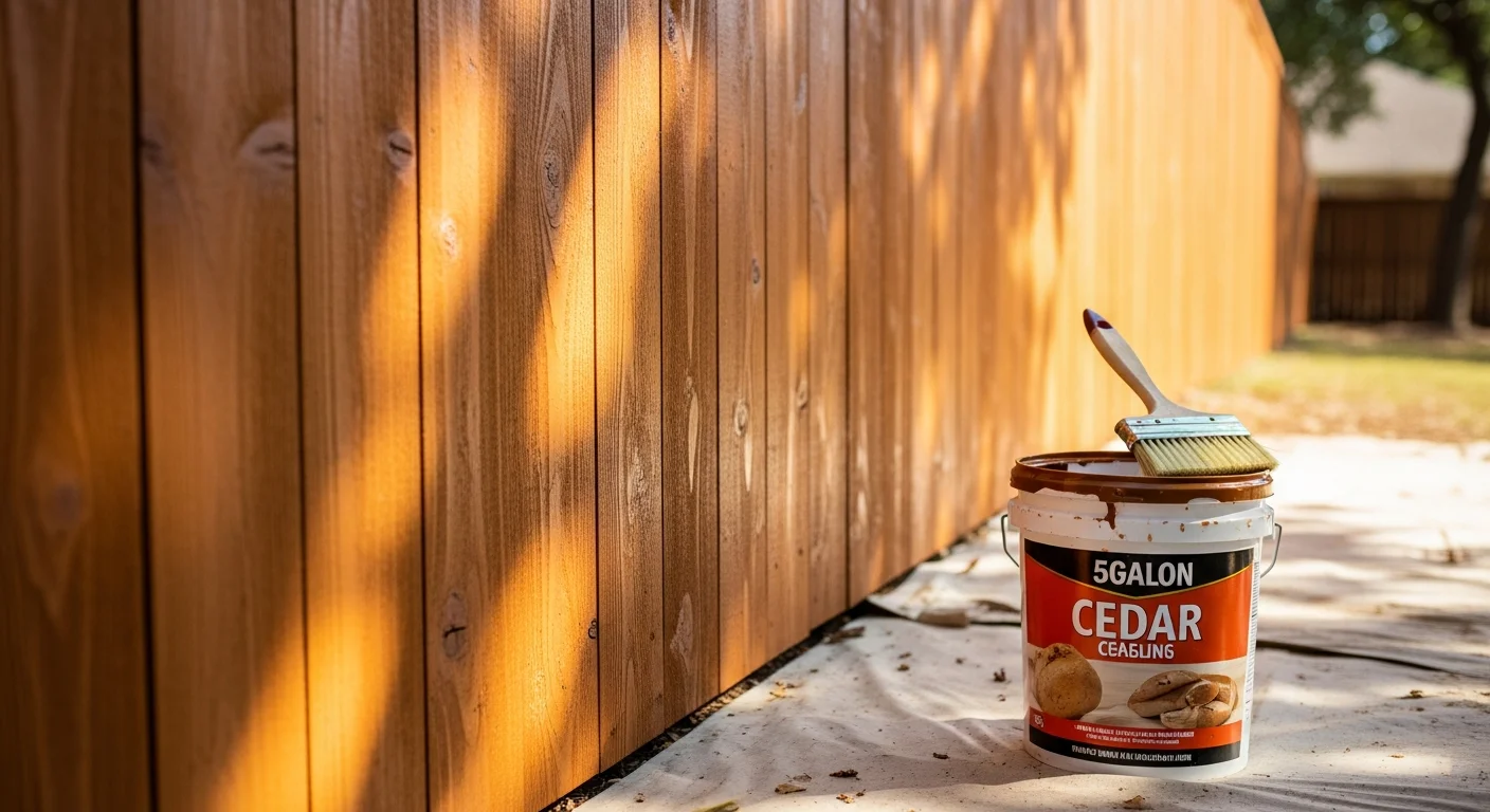 A freshly painted wood privacy fence along the backyard of a single-family home in West Lake, showing even coverage and clean board edges. M+M Paint crew member applies a second coat of dark stain to weathered fence pickets on a residential property.