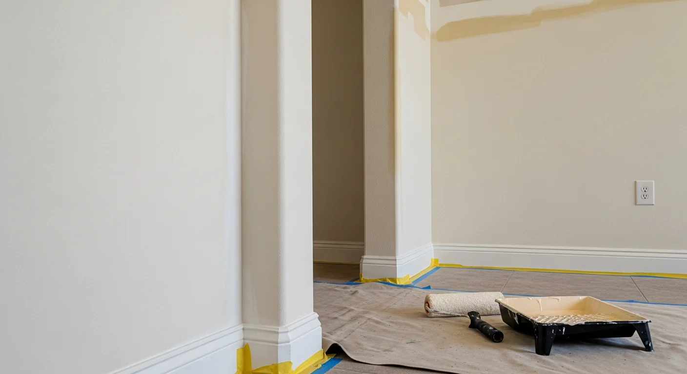 A freshly painted interior living room in a West Lake home, showing smooth walls with clean trim lines and even coverage from floor to ceiling. Natural light highlights the uniform finish across a large open-plan space.