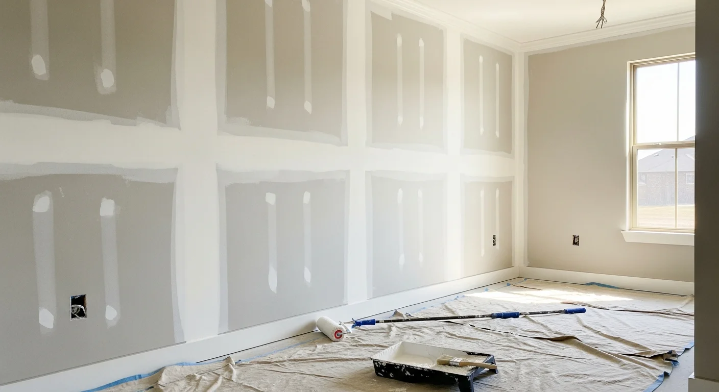 A newly constructed single-family home in West Lake with freshly painted white exterior siding and crisp dark trim, surrounded by an active construction site. Interior view showing smooth, evenly coated walls and painted door frames in a move-in-ready West Lake new build.