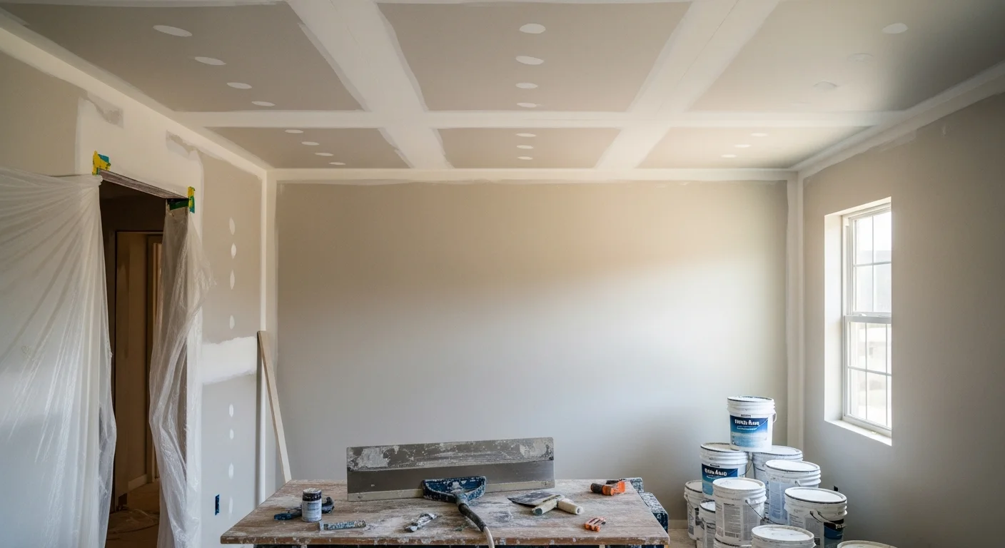A smooth, freshly skim-coated ceiling in a West Lake home after professional popcorn texture removal. The surface is flat and paint-ready with no visible scrape marks or patches.