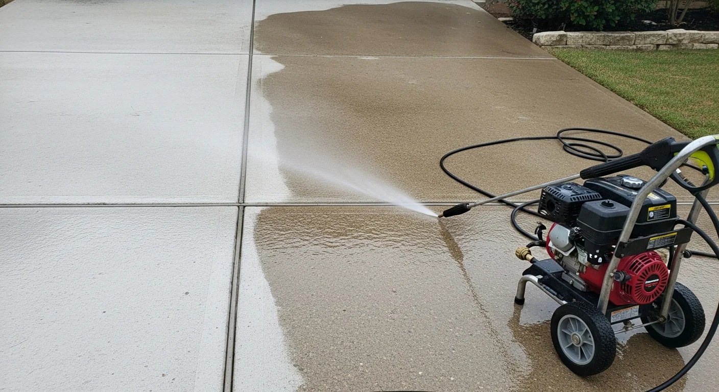 A West Lake home driveway and front walkway being pressure washed by an M+M Paint technician, showing clean concrete next to a still-dirty surface. Dark mold and dirt stains are visibly removed in a single pass.