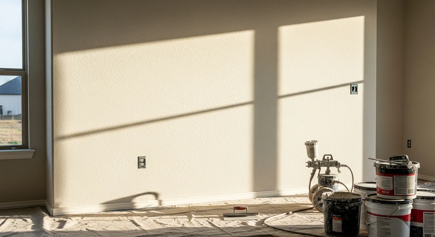 A freshly textured interior wall in a West Lake home showing a smooth knockdown finish ready for paint. The surface is even and free of visible seams or patch marks.