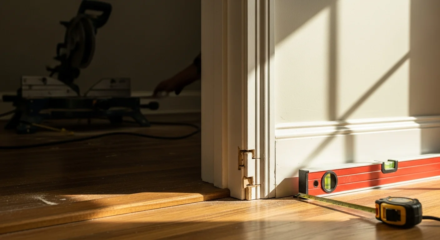 Freshly installed white baseboard trim and door casing in a West Lake home interior, with clean mitered corners and a smooth paint-ready surface. The trim runs along a neutral-toned wall with consistent reveal spacing around a painted interior door frame.